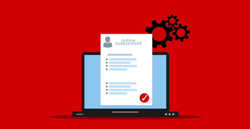 Online assessment draft on a computer screen with a customization icon.