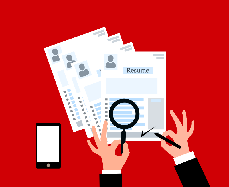 Recruiter reviewing resumes with a magnifying glass, symbolizing candidate screening.