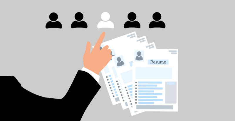Illustration of a hand selecting a candidate from a group, with resumes underneath