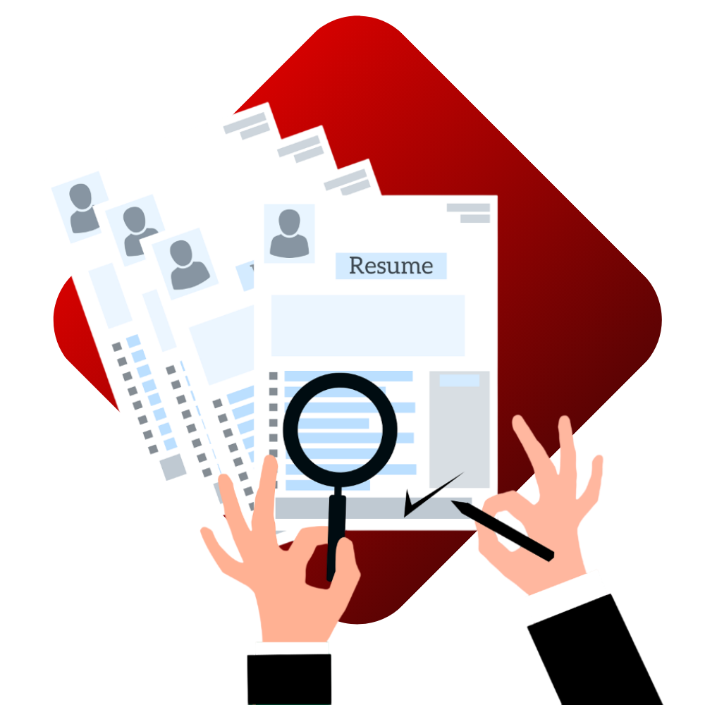 Recruiter reviewing resumes with a magnifying glass, symbolizing candidate screening.