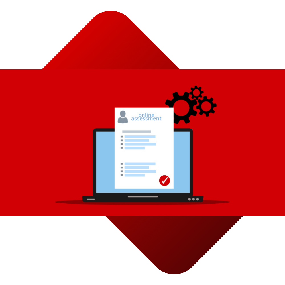 Online assessment draft on a computer screen with a customization icon.