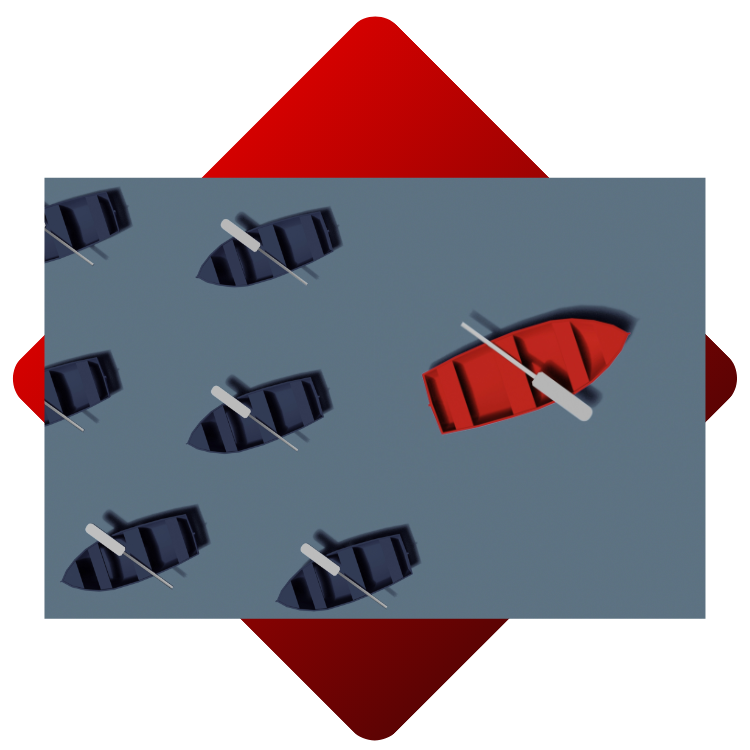 A red and various dark grey boats